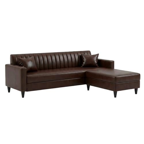 Image of FURNY Gracina 5 Seater L Shape Sofa Set with Movable Ottoman | Flexible Left or Right Layout | Plush Velvet Fabric (Brown) | Perfect for Living Room, Guest Room & Office