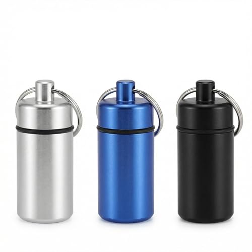 ZIOYANE 3Pcs Mini Pocket Ashtray Waterproof & Portable Aluminium Keychain Case for Earbuds Pills & Outdoor Use (Blue Black Silver)