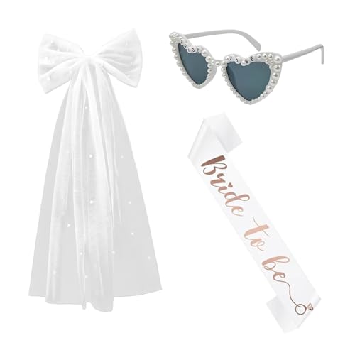 3 Pieza Despedida de Soltera Accesorios,Bride to Be Gafas Corazon Velo Novia Sash,Bachelorette Party Blanco Perla Lazo Novias Diadema Veil Boda Decoración Accessoires Kit,para Frauen Soltero Fiesta