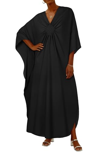 CHICGAL Womens Kaftan Dresses Long Caftans Plus Size Batwing Sleeve Swimsuit Coverup V Neck Summer Beach Dress 2026 (A-Black One Size)