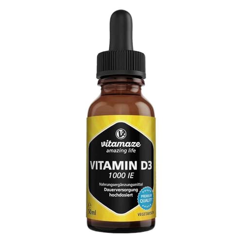 Vitamin D3 Tropfen hochdosiert 1000 IE, 50 ml (1700 Tropfen), Cholecalciferol vegetarisch, hohe Bioverfügbarkeit, Natürliche Nahrungsergänzung ohne Zusatzstoffe, Made in Germany