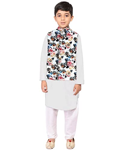 Image of Os Men's & boy kurta pyjama set with nerhu jackets (Multi printed) in cotton (baap beta|father son|)