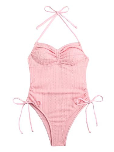 Women's Solid Drawstring Halter Tie Side One Piece Swimsuit Y2K Ruched Bathing Suits Backless Swimwear Beachwear