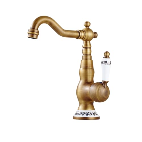 EGTink Robinet Lavabo Brossé Robinetterie de Lavabo Vintage en Laiton Antique Mitigeur Robinet Salle de Bain Chaud et Froid, Rotatif à 360°,Poignée en...