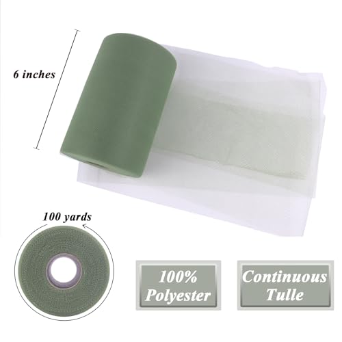 Image of Moss Green Tulle Fabric Roll 6 Inch x 100 Yards Tulle Ribbon