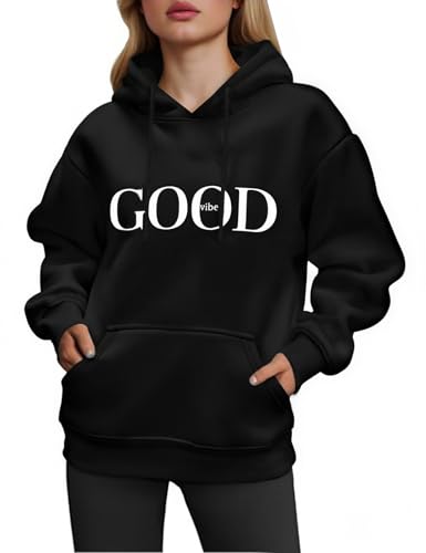 CMTOP Sudaderas Mujer con Capucha Casual Estampada Hoodie Cálido Polar Pullover Suelta y Cómoda Sweatshirt Moda Otoño e Invierno Camisetas con Bolsillo(B-Negro, M)