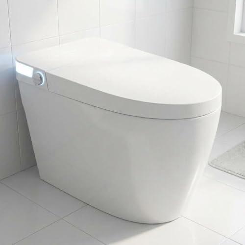 Inodoro inteligente con bidé integrado, inodoro eléctrico moderno, sin tanque, asiento calefactable, lavado con agua tibia, sensor de pie, secador de aire, pantalla LED (Blanco) miniatura 1