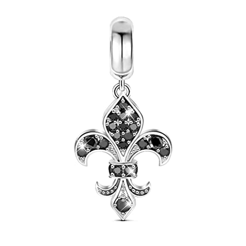 GNOCE Fleur-De-Lis Pendant Charm 925 Sterling Silver  Pure Love  Bead Charms con Black Cubic Zirconia para pulseras collares