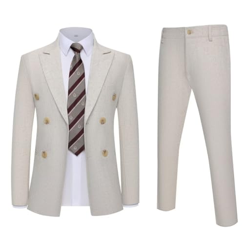 Men's Suit 2 Piece Linen Suits Peaked Lapel Mens Double Breasted Blazer Pants Set Wedding Prom Tuxedo Business Casual Suit2