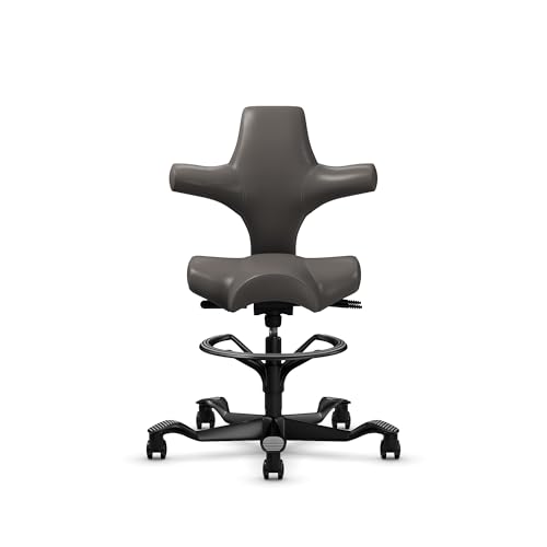 Image of HAG Capisco Sit to Stand Chair-Black Frame-Upholstered Gray Ash Vinyl-with Foot Ring