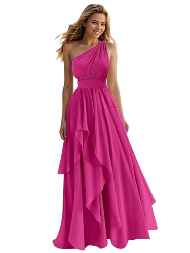 A Line One Shoulder Bridesmaid Dresses for Wedding Ruffles Chiffon Long Formal Evening Party Gowns with Pockets