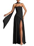 symdem Long Black Bridesmaid Dresses for Women 2025 Ruched Satin Strapless Evening Prom Gown A Line Corset Scarf Formal Dress with Slit 4