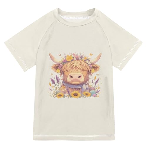 Cute Highland Cow Pink Lavenders Sunflowers Bathing Suit Kids Sun Protection Rash Guard for Girls Swimwears Baseball Shirts for Youth Boy 4T