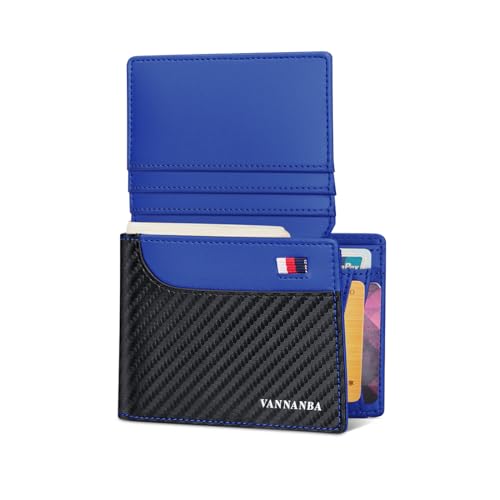 VANNANBA Mens Carbon Fiber Leather Bifold Wallets with 2 ID Windows, RFID Blocking Wallets with Bill Compartment, Stylish Splicing Color Pocket Wallets for Men