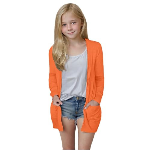 sweater for teens Girl's Cardigan Open Front Long Sleeve Sweaters Lightweight Cardigans Fall Fashion Soft Cute Solid Outwear with Pockets Orange 7-8 Years