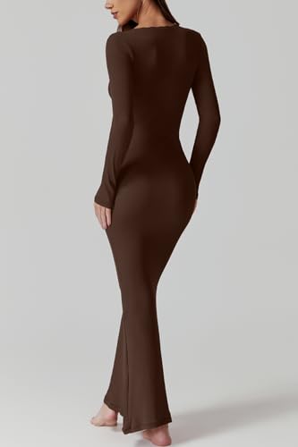 QINSEN Women's Ribbed Knit Long Sleeve Scoop Neck Maxi Dress with Lace Details Bodycon Dress2
