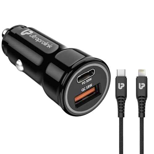 Image of Ultraprolink | 48W Dual Port Fast Car Charger|30W Type C PD-PPS Port+18W USB-A QC3.0 Port| for iPhone 14 /13 /12 /11, iPads | Includes 1m USB C to iPhone PD Cable | Mach48|UM1157L | Black