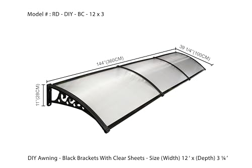 Image of CHENNAI Window Blinds and Shades DIY Polycarbonate Awning (Engineered Plastic Brackets) Window Sunshade Door Weather Shed Rain Canopy Awnings - 12'Widthx3'Depth (Black Brackets & Clear Sheets)