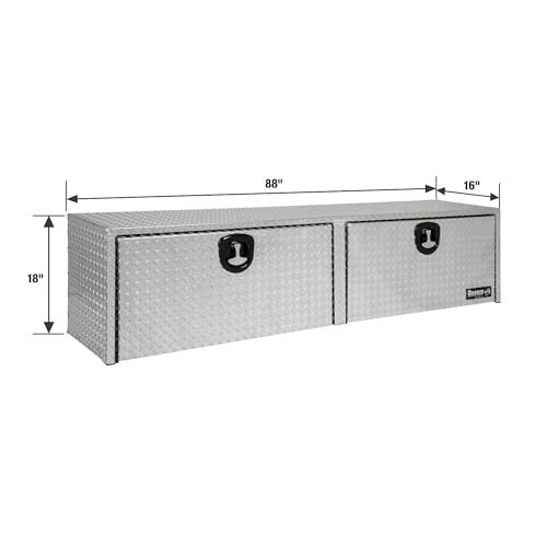 Image of Buyers Products 1701564 Silver Aluminum Diamond Tread Topsider Truck Tool Box, 88x18x16 Inch, Made in USA, Professional Grade, Heavy Duty, Corrosion Resistant, Dual Drop Doors, Compression Latch