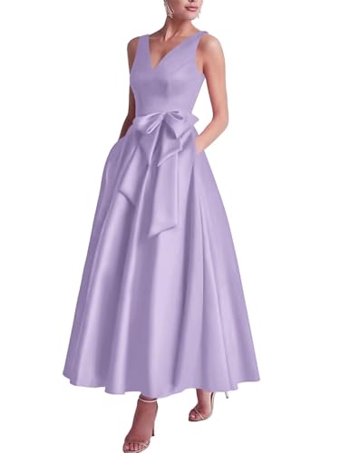 UZN Tea Length Mother of The Bride Dresses 2025 Satin with Bow Formal Wedding Guest Gown with Pockets
