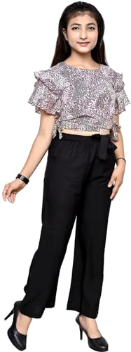 Image of Girls | Kids Printed Floral Designer Top and Palazzo Set Crop Top and Palazzo Set Printed | Fancy Palazzo and top Set for Girls with tie in Waist 4 Year to 16 Year