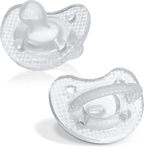Image of Chicco PhysioForma Luxe Orthodontic Pacifier, 0-6m | 100% Soft Silicone | Supports Breathing & Oral Development | Textured Shield & Handle | Includes Sterilizing Case | BPA Free | Crystal, 2pk