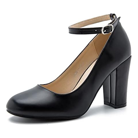 Women's Ankle Strap Pumps Closed Toe Block High Heel Round Toe Mary Jane Shoes, Matte Black, 10.5 Cover