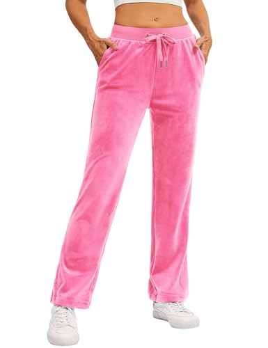 TACVASEN Velour Sweatpants for Women Velvet Warm Pants Winter Soft Lounge Drawstring Athletic Pants Fluorescent Pink M