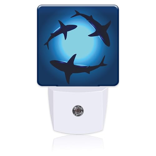 Image of Ocean Floating Sharks Night Light,Plug into Wall with Dusk to Dawn Light Sensors,LED Nightlights for Bedroom,Bathroom,Kitchen,Hallway,Room Decor for Boys Girls Women Men