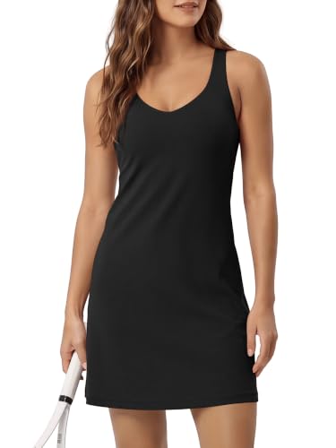 ODODOS Women's Cloud Feeling Tank Dress with Separate Shorts and Built in Bra U Back Mini Tennis Dress, Black, Medium