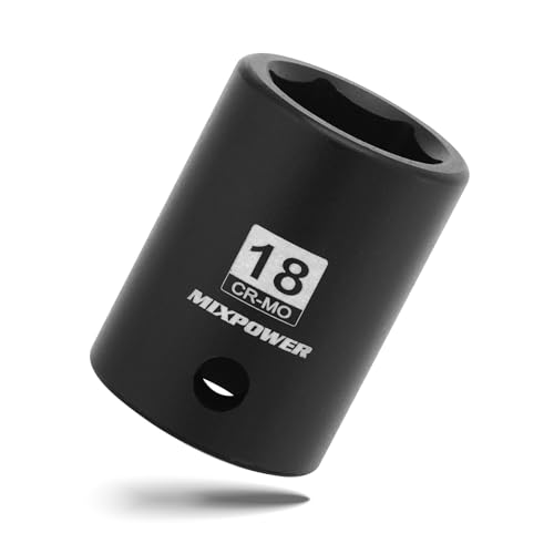 MIXPOWER 1/2 Drive Shallow Impact Socket CR-MO 18mm 6 Point Radius Corner Design Axle Nut Impact Grade Socket for Easy Removal