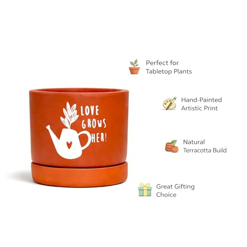 Image of Urban Plant Love Grows Terracotta Pot with Saucer (5 Inch) | Printed Clay Planter with Drainage Hole | Decorative Indoor Plant Pot for Tabletop, Desk & Home Decor