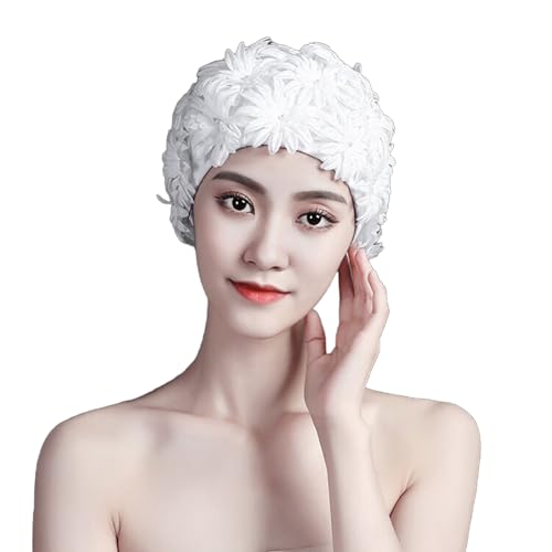 Womens Floral Petal Swim Cap Retro Flower Pearl Bathing Caps Girls Long Short Hair Elastic Beach Swimming Turban Hat (White)