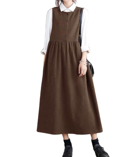 Image of chouyatou Women's Cute Sleeveless Corduroy Overall Dress Jumper Midi Babydoll Tank Dress with Pockets