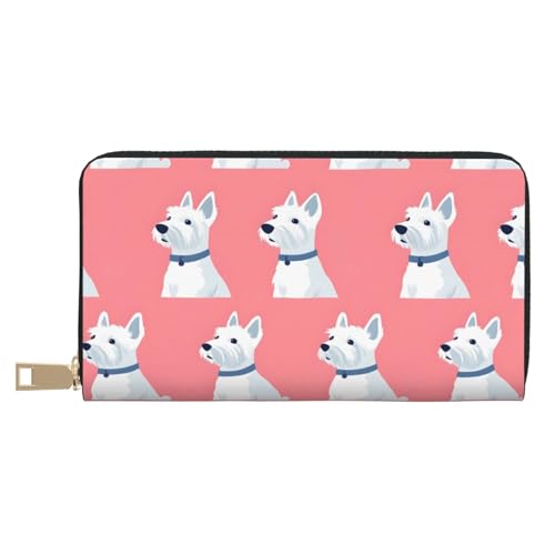 Wallet Women - White Terrier Dog Print Leather Wallet for Women with Zipper, Cute Bifold Long Ladies Wallets