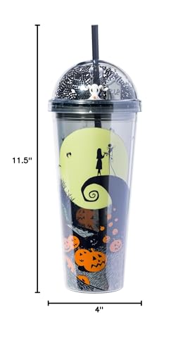Image of Silver Buffalo Disney Nightmare Before Christmas, Travel Tumbler, 24oz | Tim Burton, Jack Skellington, Sally and Zero, Glitter Finish, Moon Scene, Dome, Top, 0.71 Liters