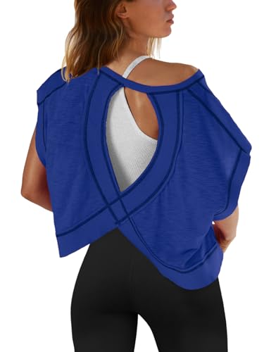 Image of SENSERISE Womens Open Back Workout Tops Backless Short Sleeve Athletic Shirt Running Crop Top Gym Yoga Tee