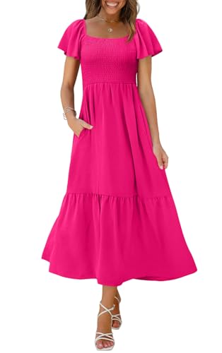 Image of OFEEFAN Summer Dresses for Women Square Neck Ruffle Sleeve Smocked Maxi Dress with Pockets