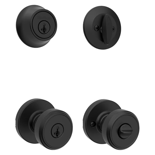 Kwikset Maven Front Door Lock Handle and Deadbolt Set, Entry Handleset Round Exterior with Interior Door Knob, Secure Locking Deadbolt, Matte Black, with Microban Protection