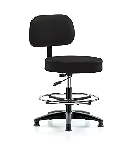 Image of Perch Stationary Walter Height Adjustable Exam Stool with Back and Foot Ring | Medium Bench Height 21-28.5 inch | Black Vinyl