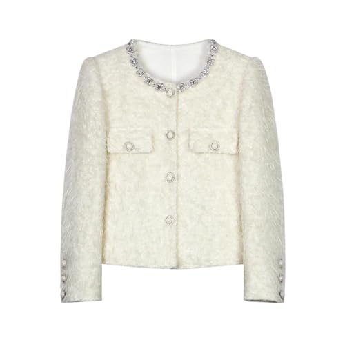 Women Tweed Jacket Round Neck Nail Bead Small Fragrant Style
