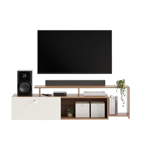 Image of FURNEASER Dexon Modern Engineered Wood Floor TV Cabinet with Storage | TV Entertainment Unit with Cabinet & Open Shelves | Media TV Stand for 32 to 55 Inch TV (Exotic Teak & White)