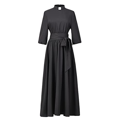 Kirche Damenkleid elegant Audrey Hepburn-Stil Maxi-Kleid 3/4-Ärmel Swing-Maxikleid mit Kragen und Gürtel, Schwarz, Medium
