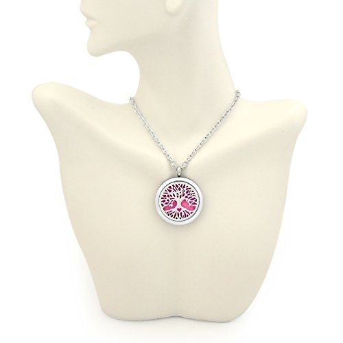 Essential Oil Diffuser Necklace with Stainless Steel Chain - Aromatherapy and Stress Relief for Women and Men - Pendant Locket (Tree of Life with Small Heart) & Refill Pad Set - Made By Blanche World