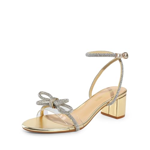 DREAM PAIRS Sandalias de cristal con doble lazo para mujer, tacones bajos y gruesos, zapatos de vestir transparentes para boda, fiesta nupcial, Dorado claro, 38.5 EU