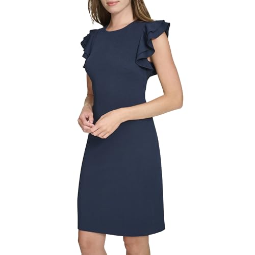 Image of Tommy Hilfiger Women's Sleeveless Ruffle Hem Jewel Neck Crepe Sheath Mini Dress