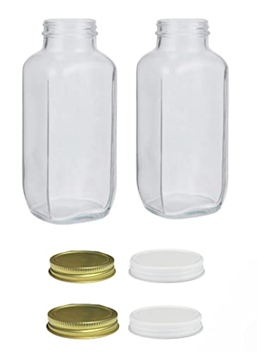 Glass Milk Bottle With 2 Extra Leak Free Lids Vintage Square Jugs 32 Ounces (Set of 2) Made in USA by Yes I Can