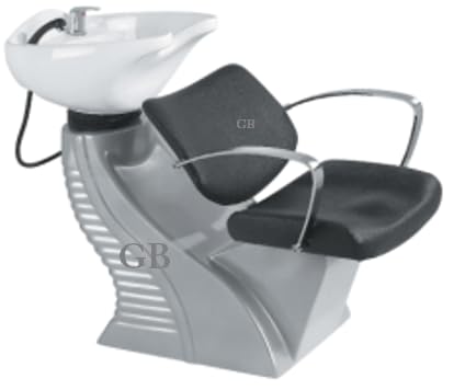 Lavacabezas, silla con lavabo para peluquerías modelo Pisa, con cerámica blanca con basculante y grifería. Tapizado en negro.