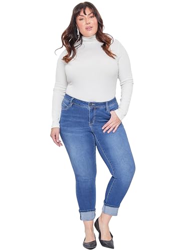 Royalty For Me Women's Plus Wannabettabutt Mid-Rise Mega Cuff Ankle Jean, Medium Blue, 24W4