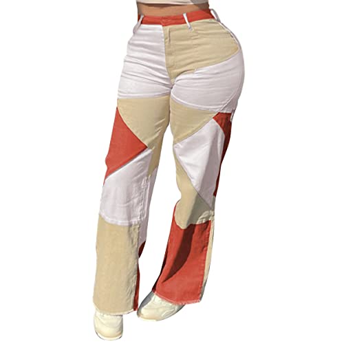 vanberfia Women Denim Stretchy Patchwork Wide Leg Pants Jeans